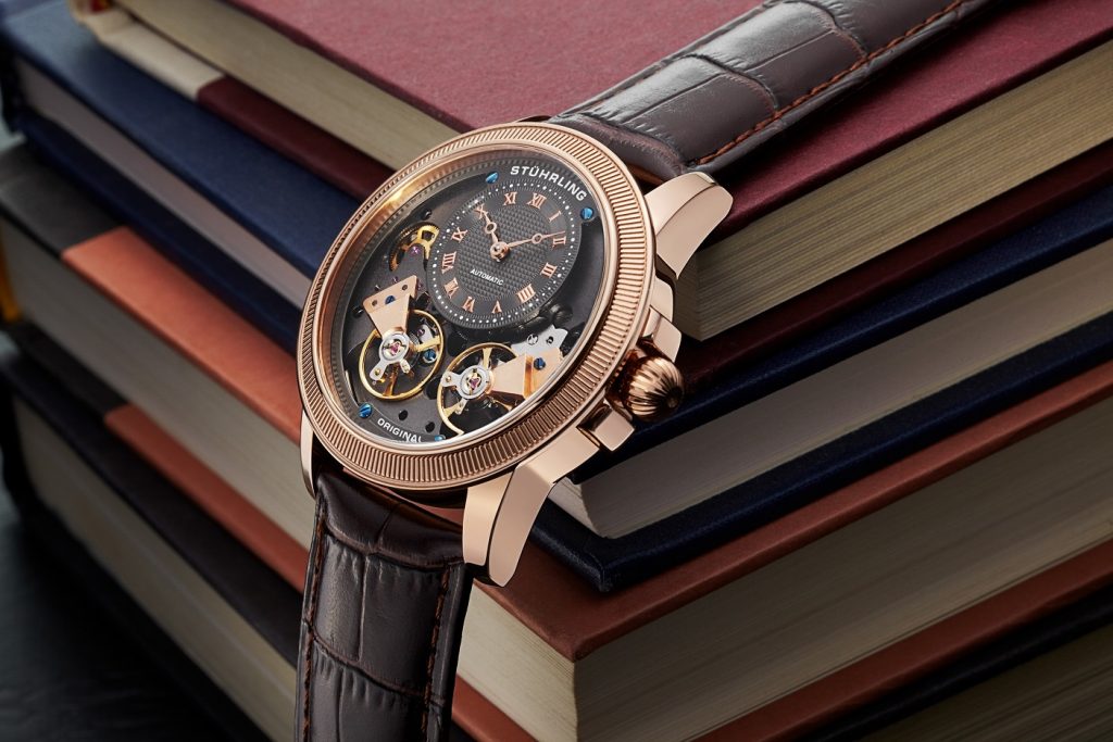 Stuhrling Original Gemini II 368B Brown Grey Stainless Steel Rose Tone Leather Strap Watch
