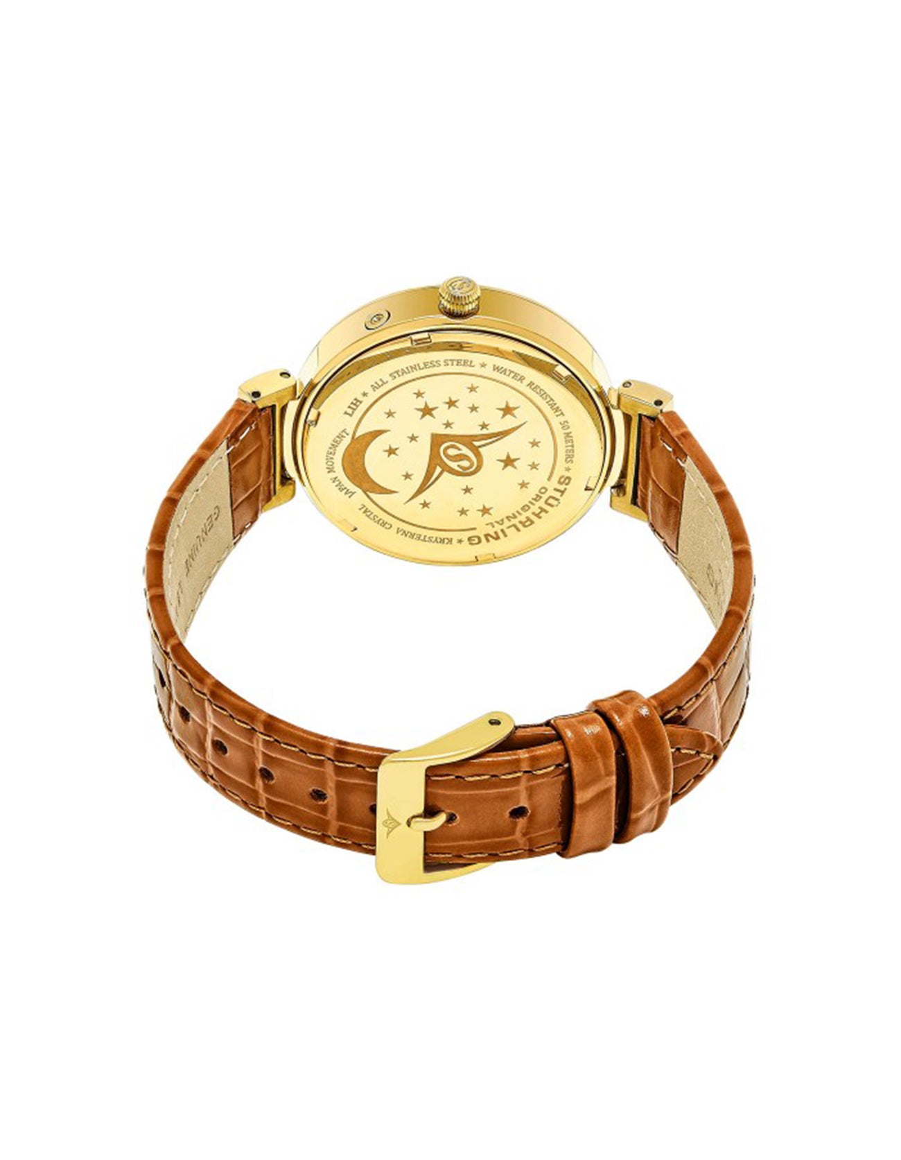 Stuhrling Original Selene 674.01 Quartz Classic Gold Tone Case Orange Leather Strap Watch