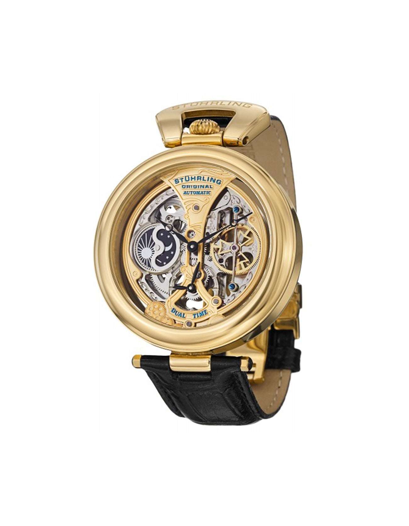 Stuhrling Original Emperor's Grandeur 127A Gold Case Black Alligator Embossed Genuine Leather Watch