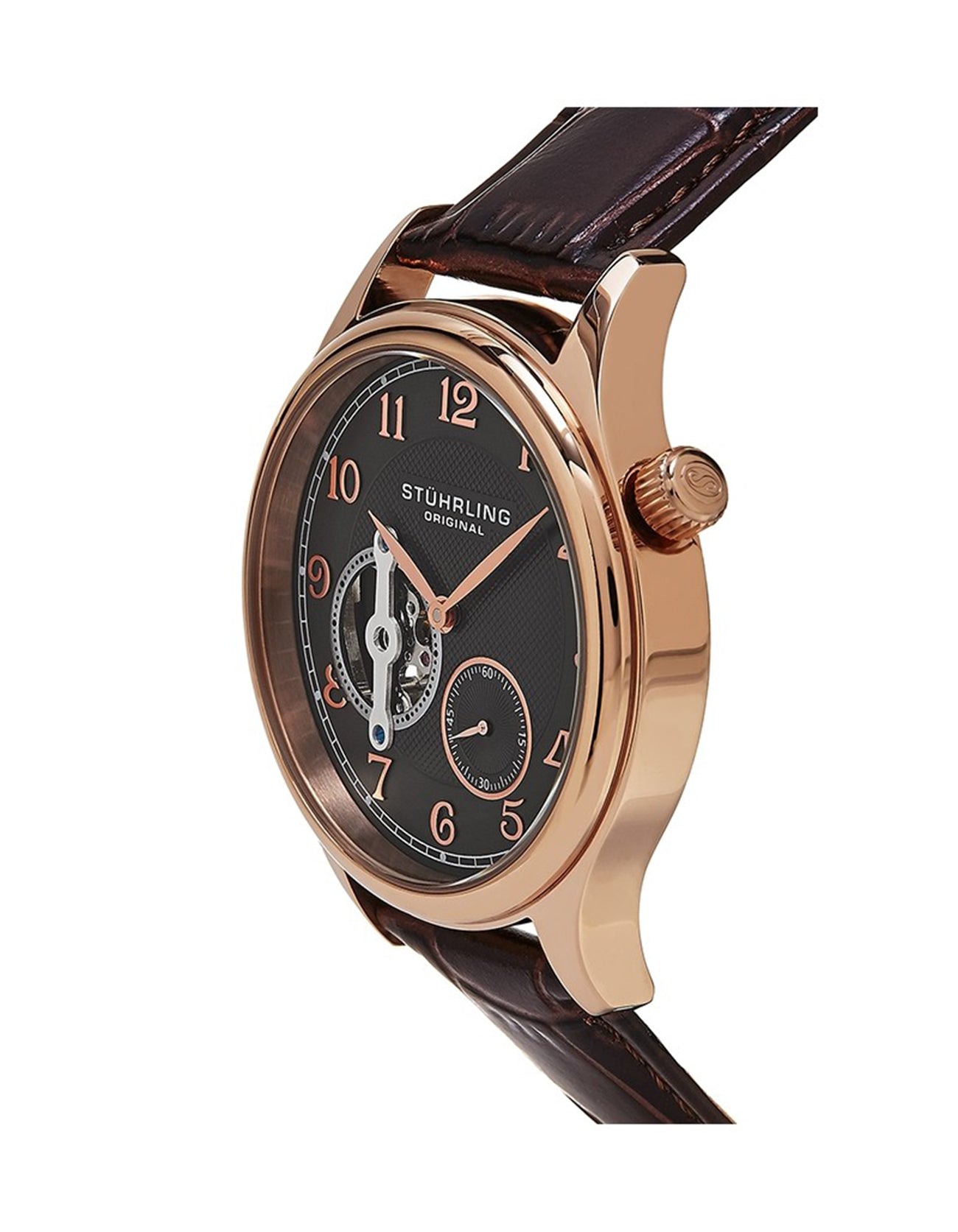 Stuhrling Original Classique 983.03 Grey Brown Rose Tone Case Leather Strap Watch