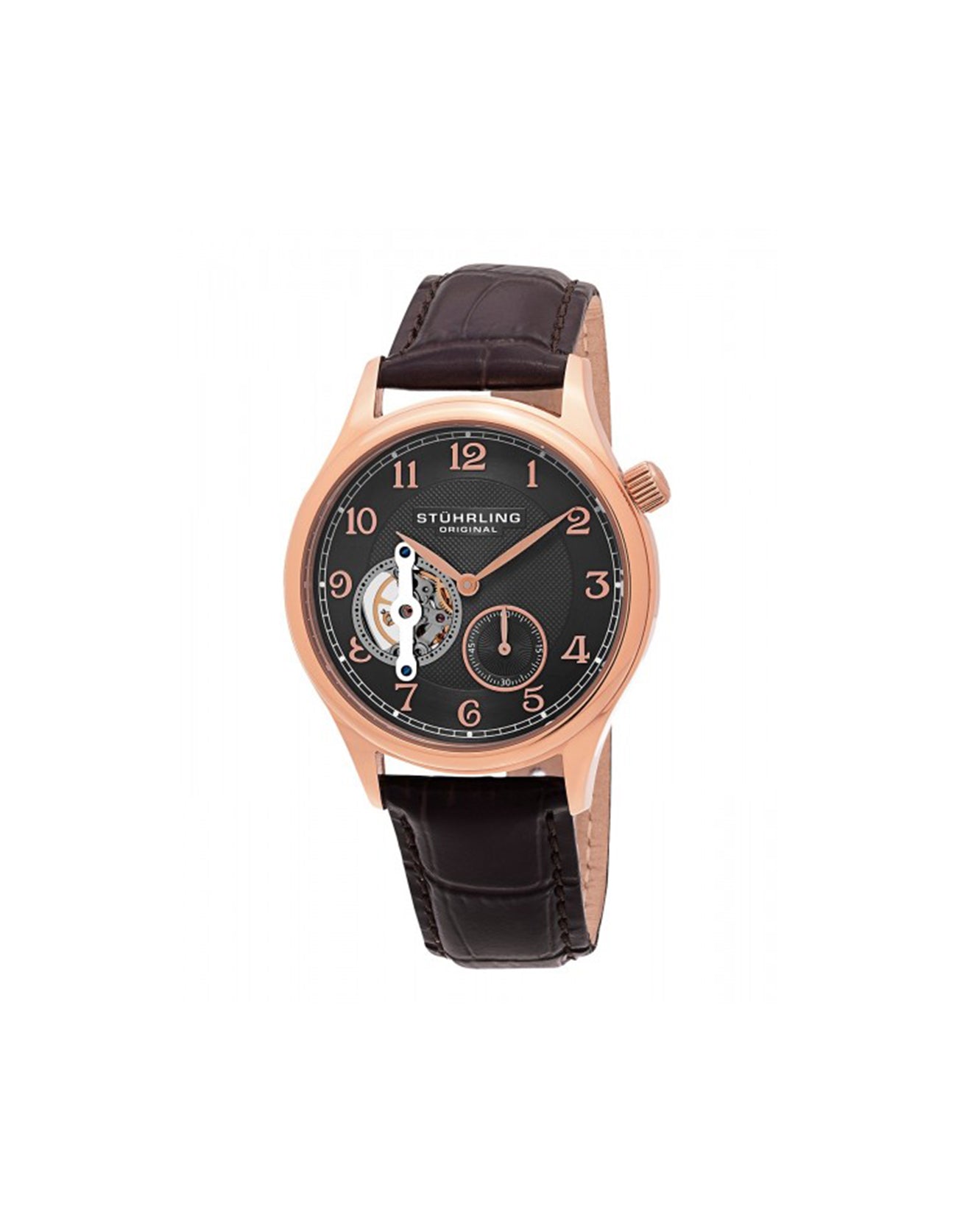 Stuhrling Original Classique 983.03 Grey Brown Rose Tone Case Leather Strap Watch