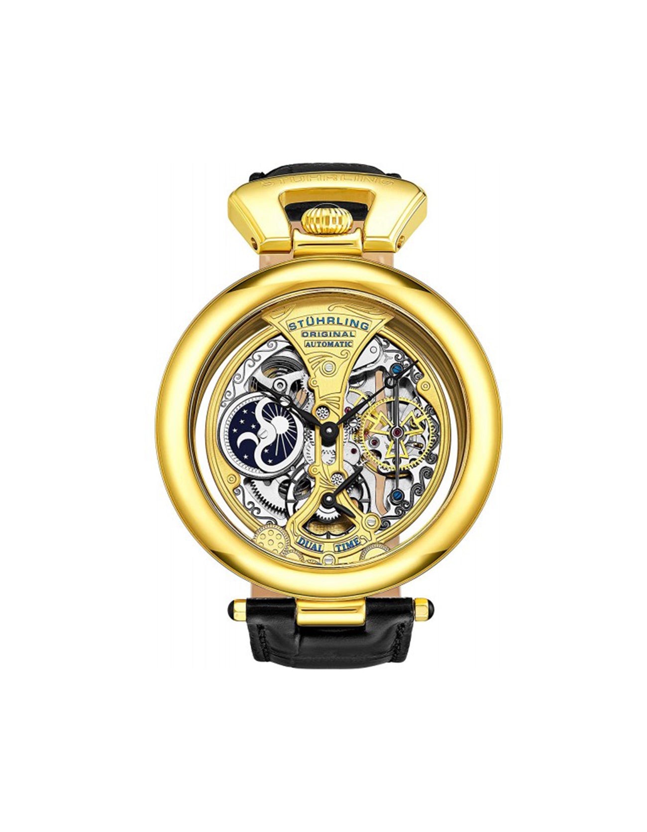 Stuhrling Original Emperor's Grandeur 127A Gold Case Black Alligator Embossed Genuine Leather Watch