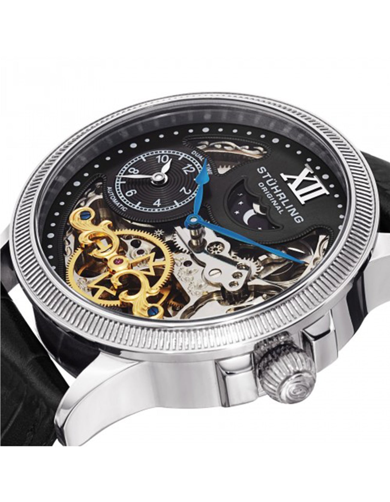 Stuhrling Original DT Bridge Black 470.33151 Skeleton Alligator Embossed Leather Strap Watch
