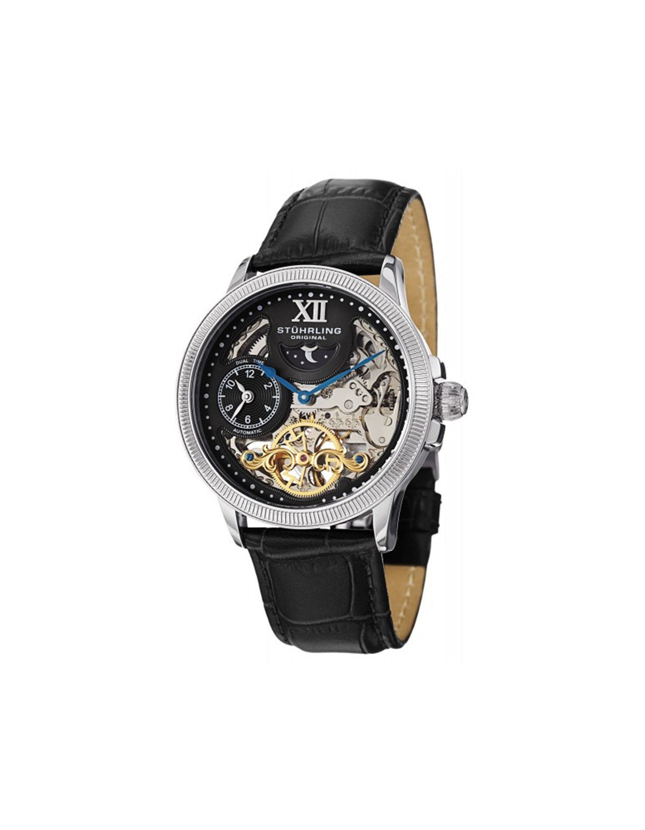 Stuhrling Original DT Bridge Black 470.33151 Skeleton Alligator Embossed Leather Strap Watch
