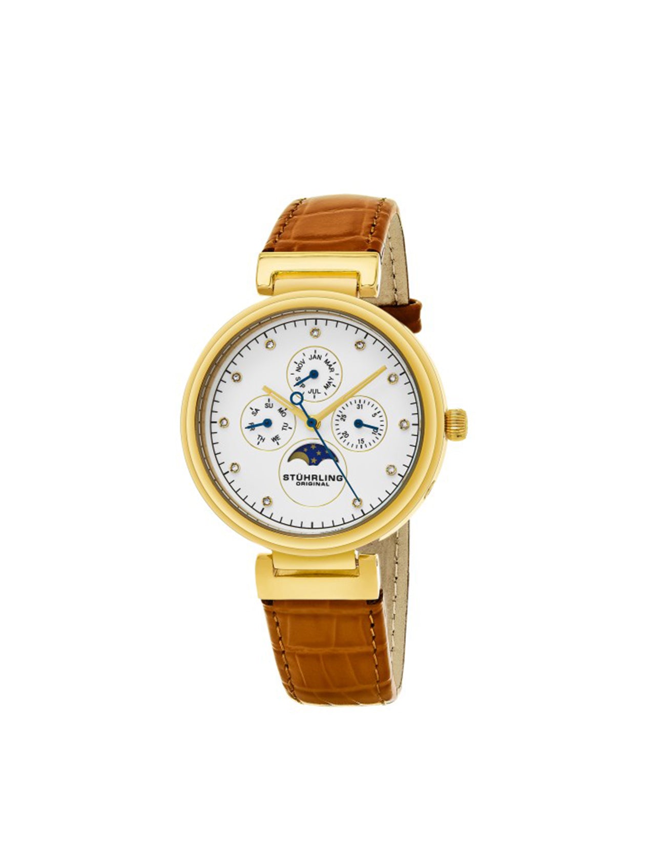 Stuhrling Original Selene 674.01 Quartz Classic Gold Tone Case Orange Leather Strap Watch