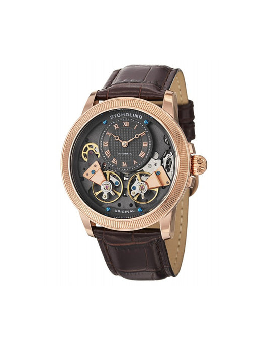Stuhrling Original Gemini II 368B Brown Grey Stainless Steel Rose Tone Leather Strap Watch