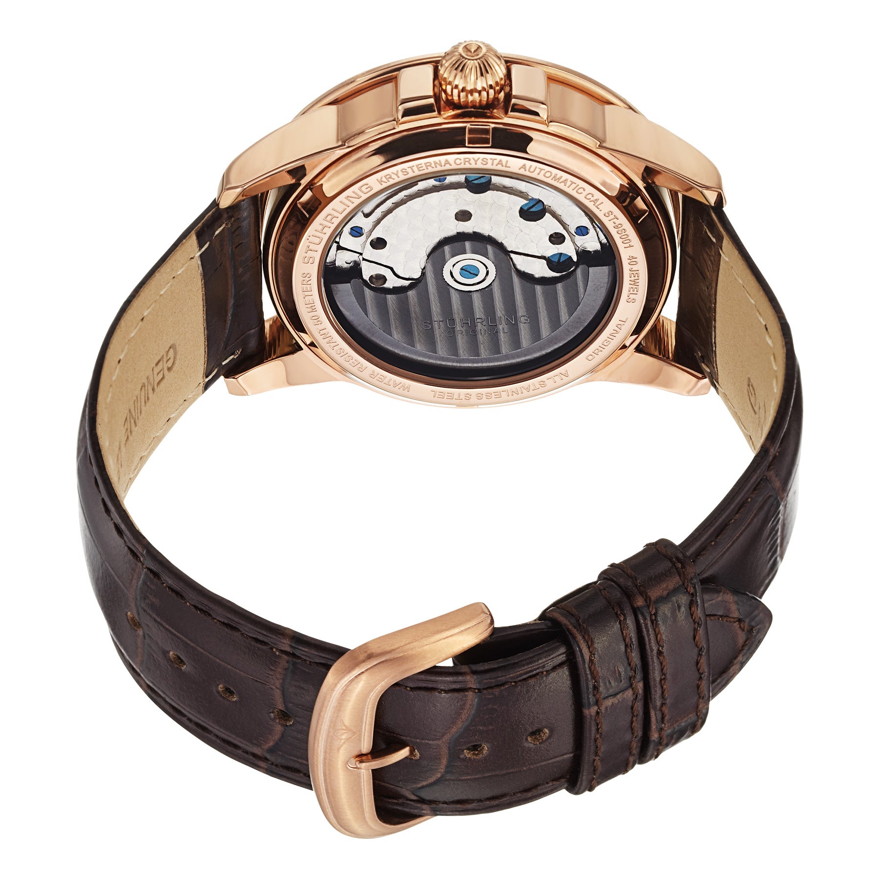 Stuhrling Original Gemini II 368B Brown Grey Stainless Steel Rose Tone Leather Strap Watch
