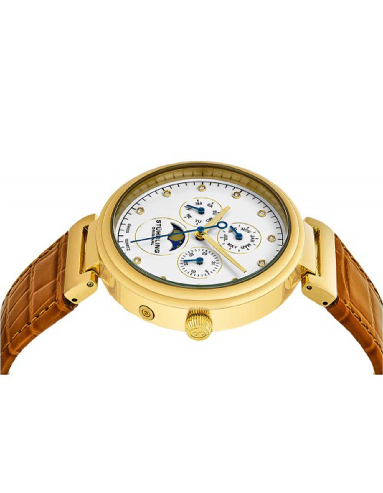 Stuhrling Original Selene 674.01 Quartz Classic Gold Tone Case Orange Leather Strap Watch