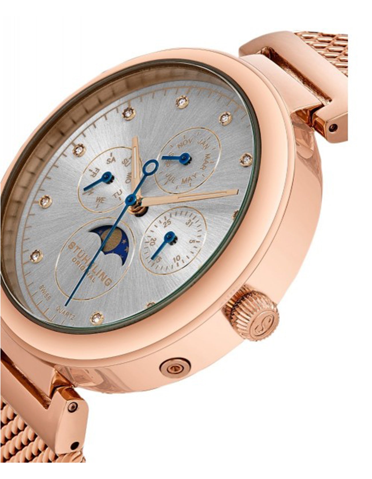 Stuhrling Original Selene 672.03 Quartz Classic Rose Tone Women Case Mesh Bracelet Watch