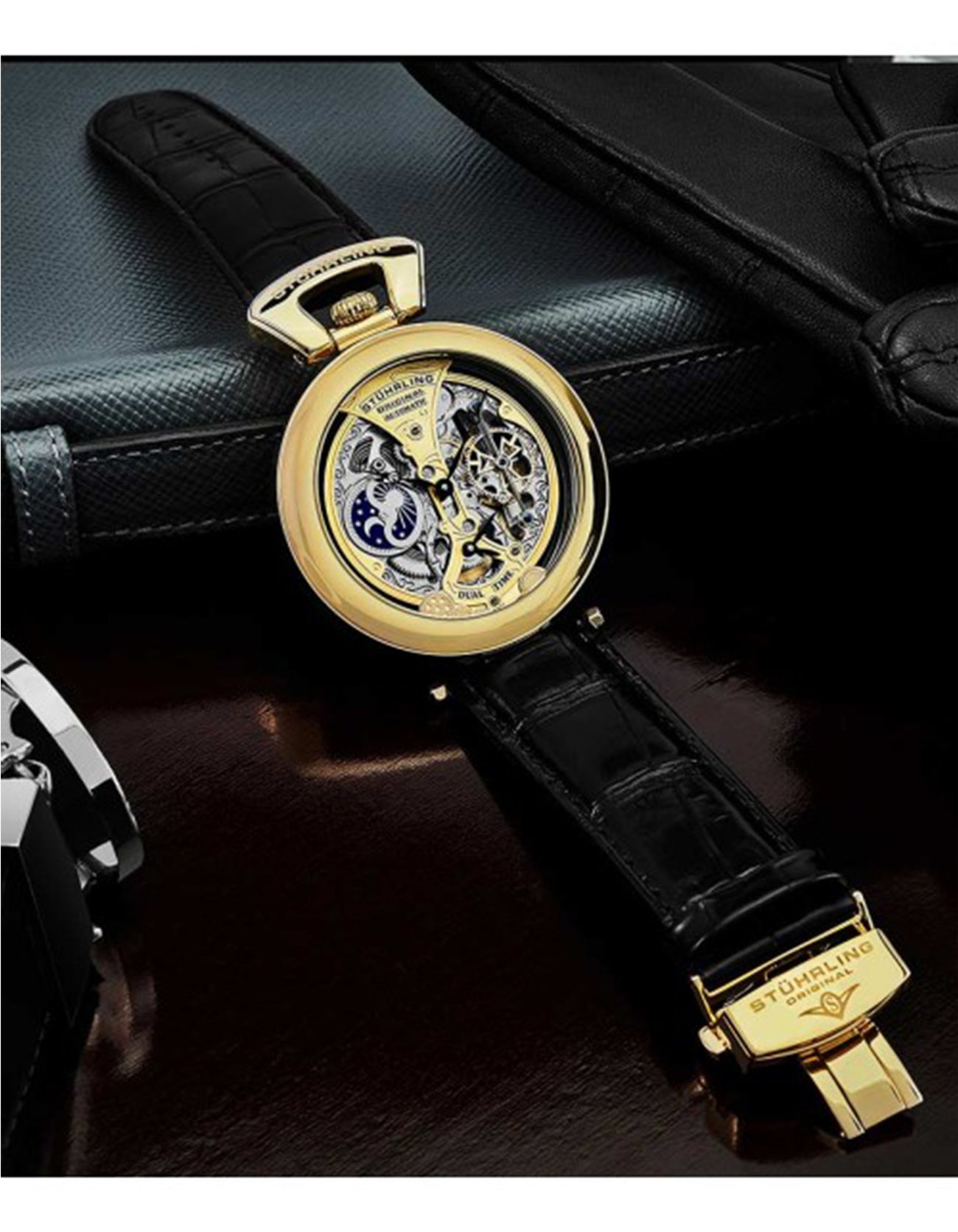 Stuhrling Original Emperor's Grandeur 127A Gold Case Black Alligator Embossed Genuine Leather Watch