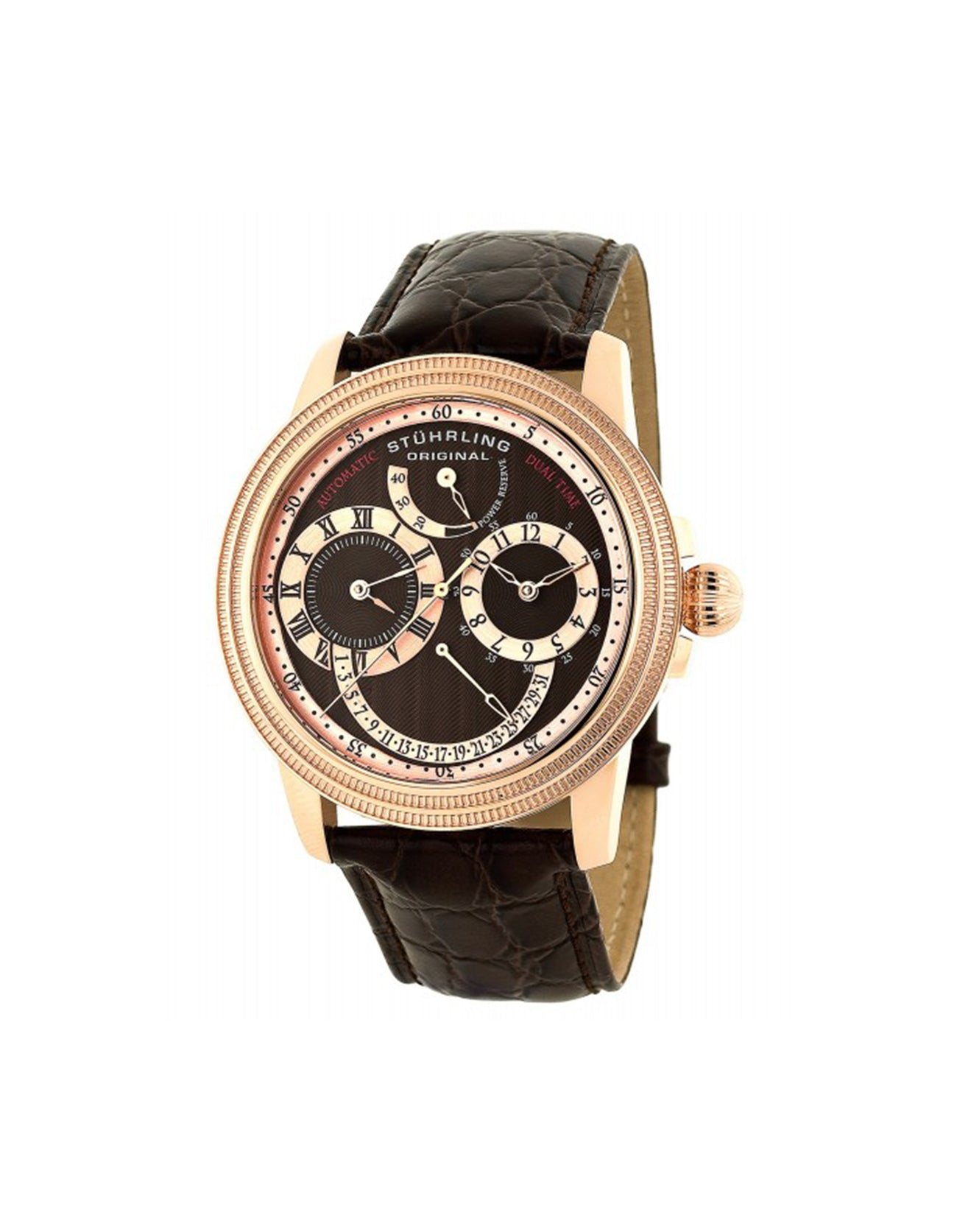 Stuhrling Original Saturnalia DT 283 Stainless Steel Rose Tone Brown Leather Watch