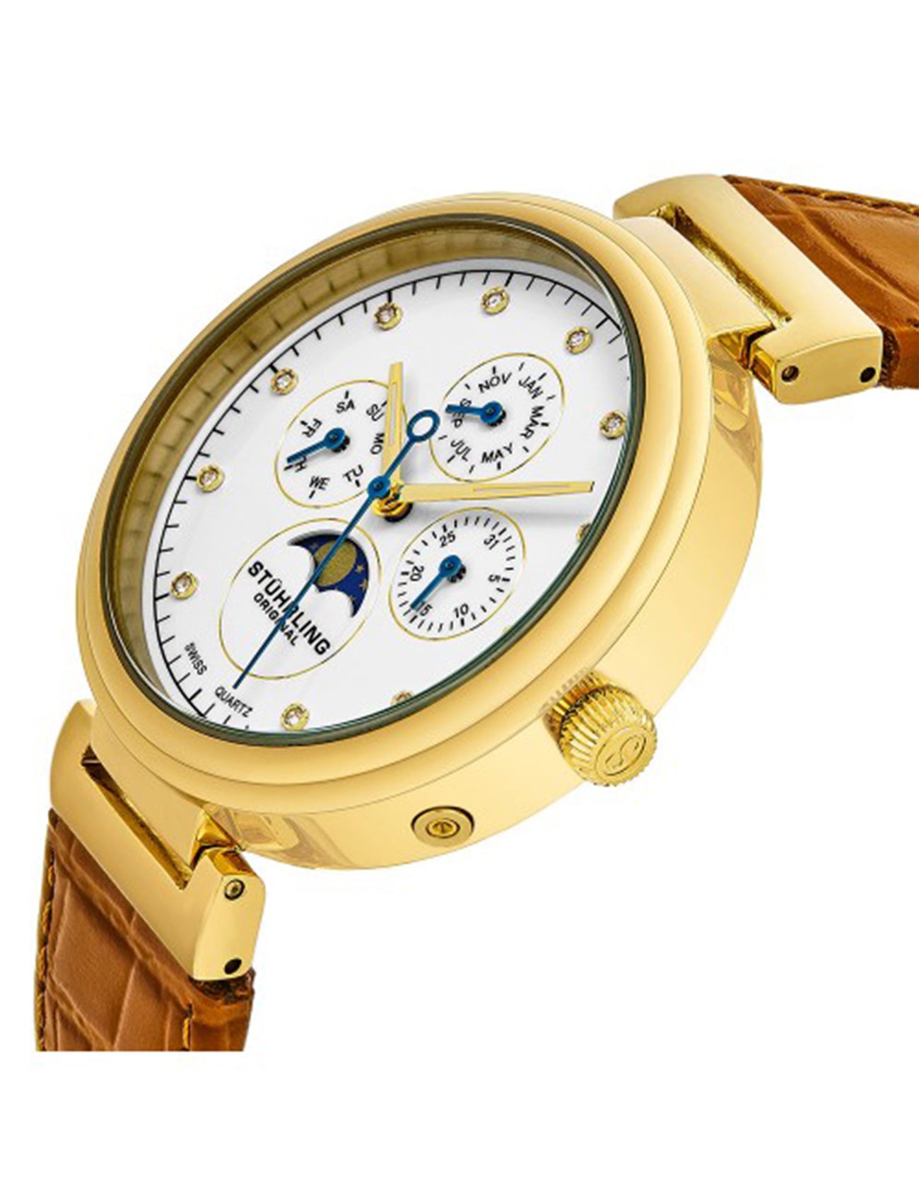 Stuhrling Original Selene 674.01 Quartz Classic Gold Tone Case Orange Leather Strap Watch