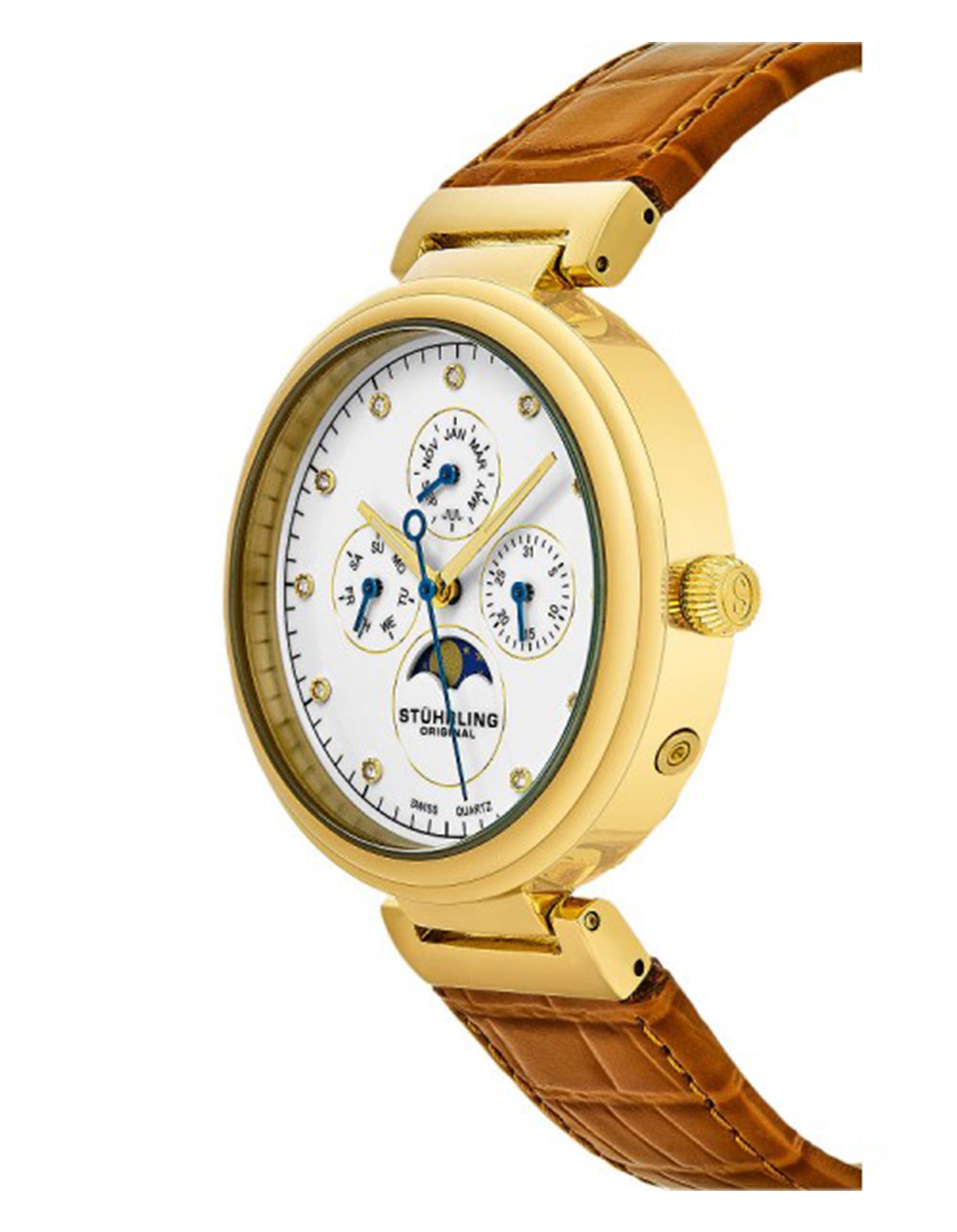 Stuhrling Original Selene 674.01 Quartz Classic Gold Tone Case Orange Leather Strap Watch